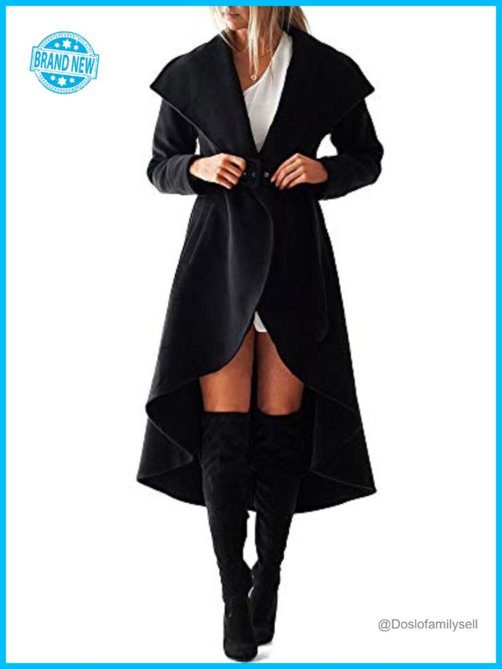 SAUKOLE Women's Wool Trench Coat Wrap Large Collar High Low Jacket with Belt